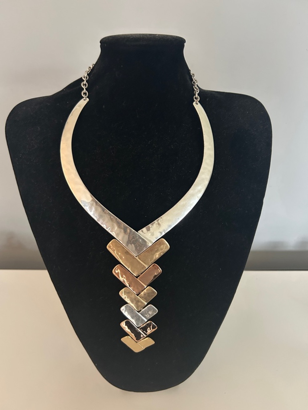 Hammered Two-Tone V-Front Chevron Necklace - Silver & Gold